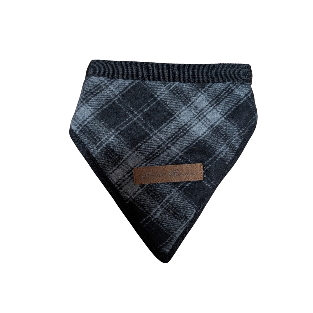 Eddie Bauer Pet Bandana Dog Scarf Small Grey Black Plaid Fleece Excellent Warm